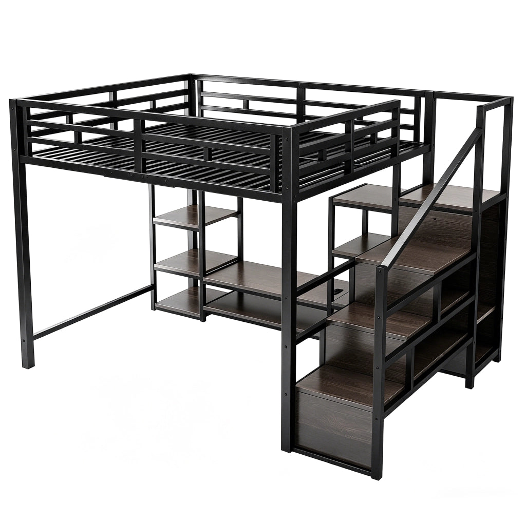 Letto a soppalco 140x200 con supporto TV, presa integrata e scala contenitore