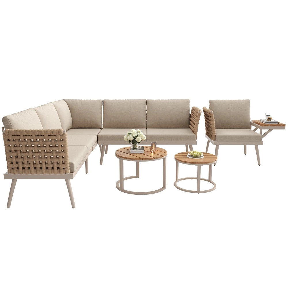 Set Divano da Giardino ad L 6 Posti con Cuscini e Tavolino ¨C Xylo ¨C Polyrattan/Ferro, Grigio/Beige