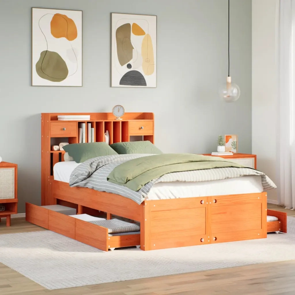 Letto Libreria senza Materasso Marrone Cera 135x190 cm in Pino