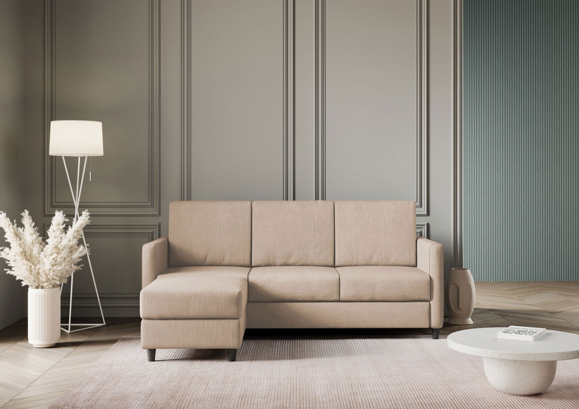 Divano 3 Posti con Pouf 198x155x85 cm Karay in Tessuto Beige