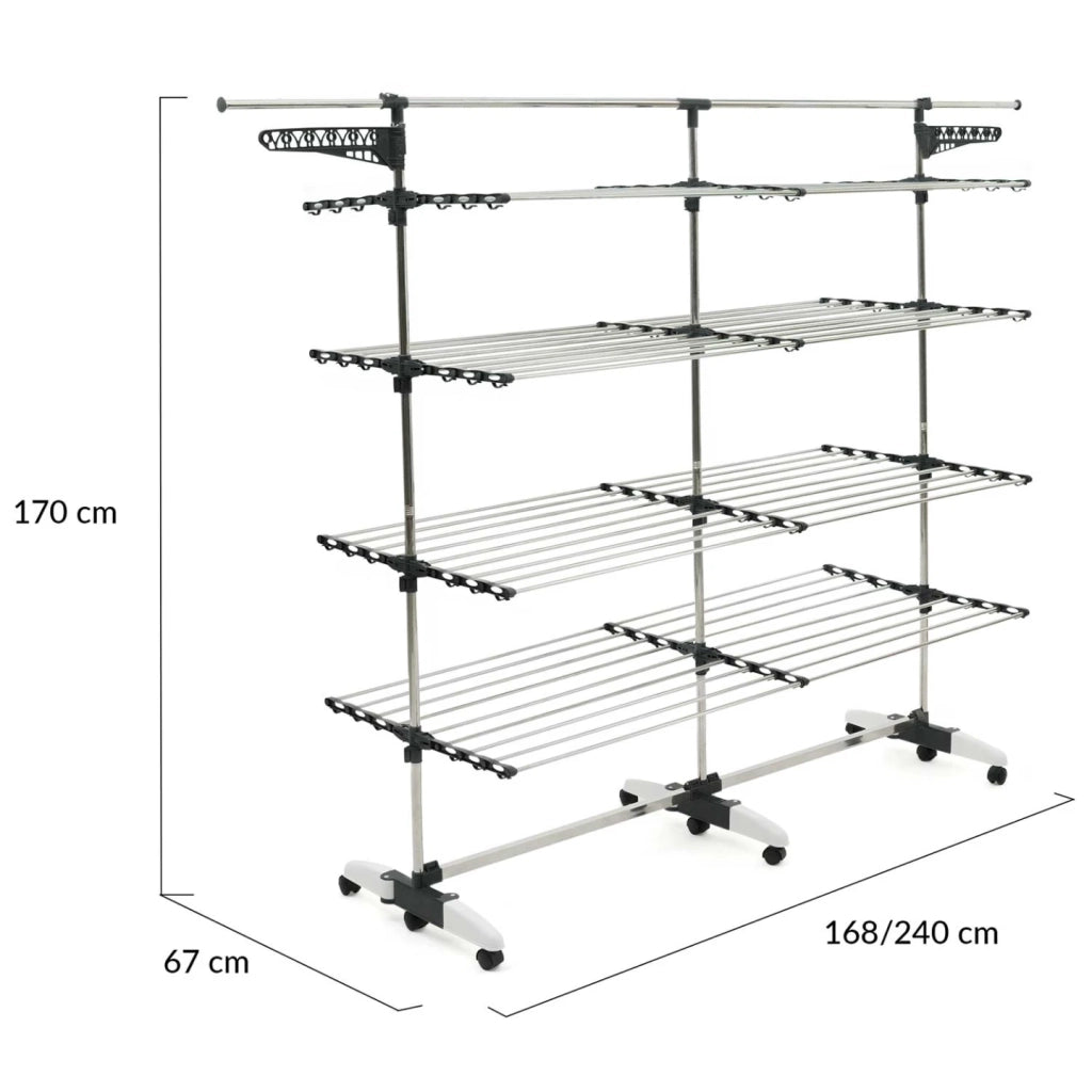 IDMarket - 60 M SUPRA XXL grigio/bianco Asciugatrice a 4 livelli + barra telescopica