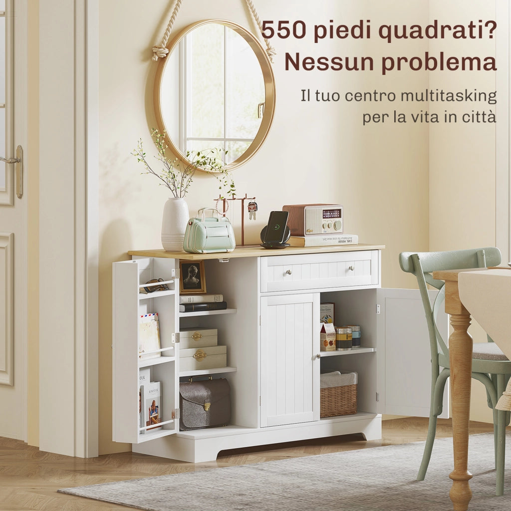Credenza Moderna 105x40x83 cm Mobile Buffet con Cassetto e Armadietti in MDF Bianco