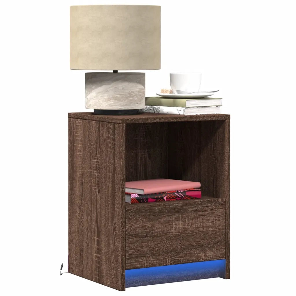 Comodino con Luci LED-Tavolino da notte Rovere Marrone in Legno Multistrato 215075