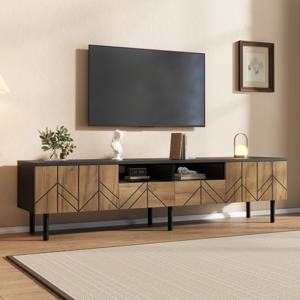 Mobile porta TV moderno con 2 cassetti e 2 ante, per soggiorno, in truciolato, nero e effetto legno, 180 × 40 × 45 cm