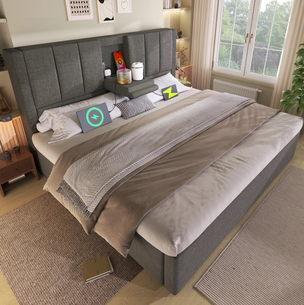 Letto imbottito con contenitore 160 × 200 cm; lino grigio; USB e USB-C