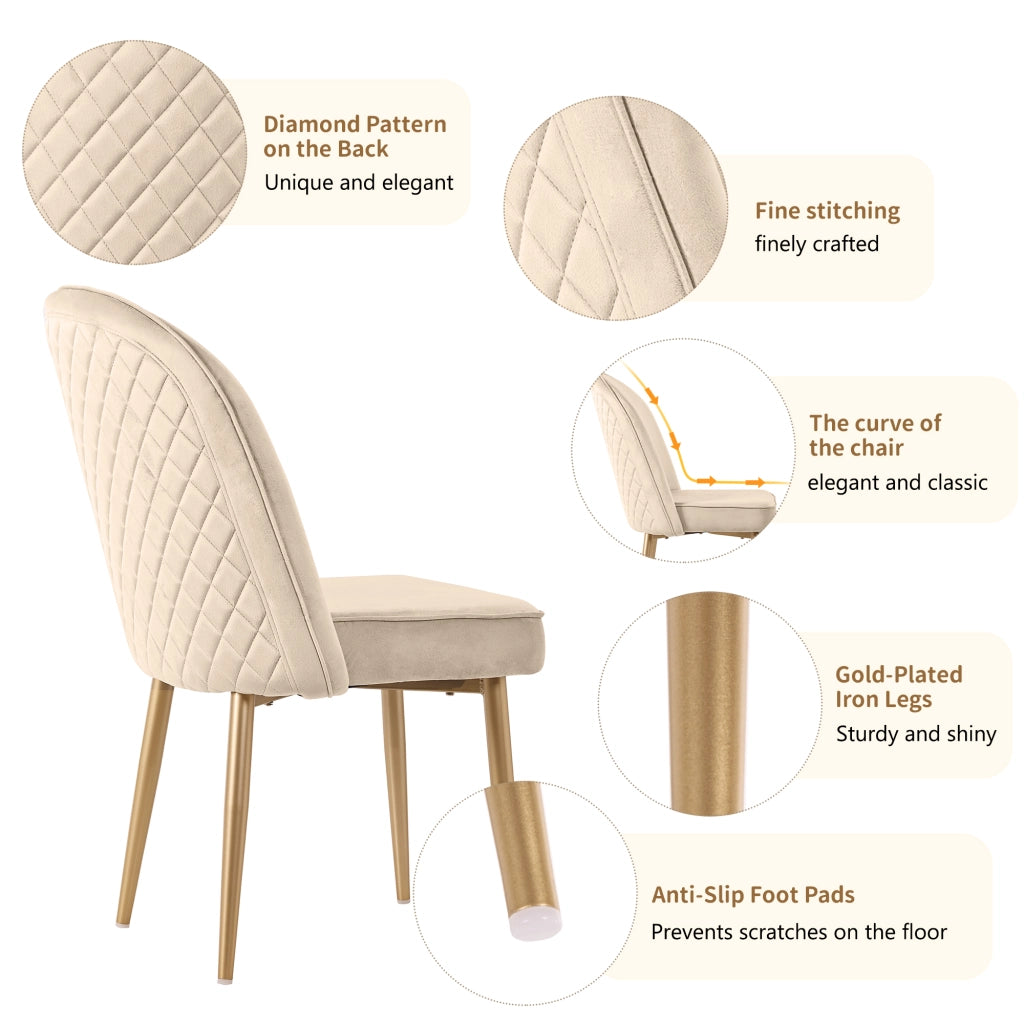 Sedie da sala da pranzo in velluto con schienale ergonomico, gambe in metallo dorato e piedini antiscivolo beige