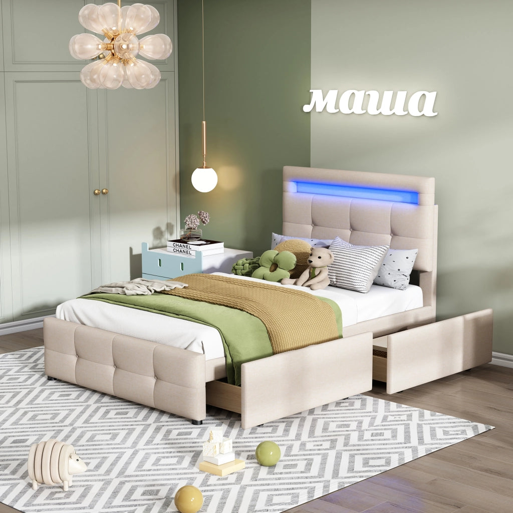 letto imbottito lino beige 90 x 200 cm