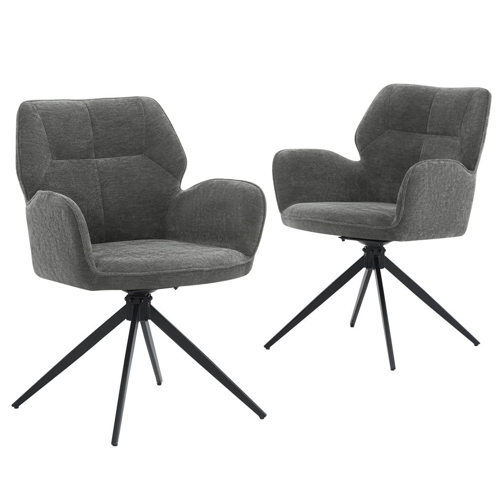 Set di 2 sedie girevoli da pranzo - con braccioli - in chenille e metallo - grigio scuro