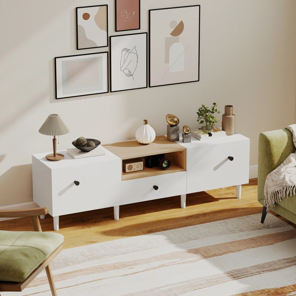Mobile TV 70" Max con 2 Ante a Ribalta Cassetto e Scaffale Aperto 150x35x45 cm in Legno Bianco e color Legno