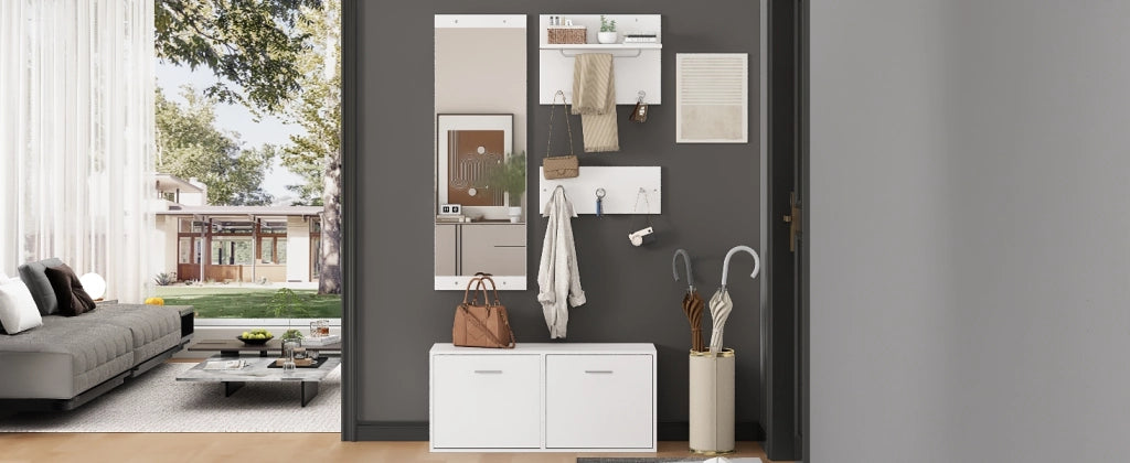 Set da ingresso 4 pezzi con 2 appendiabiti a parete; scarpiera e specchio; truciolato; bianco; 90x30x41;5 cm