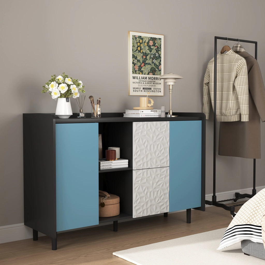 Credenza con 2 Cassetti; 2 Vani Aperti e 1 Anta per Cucina in MDF 120 × 40 × 80 cm Nero e Blu