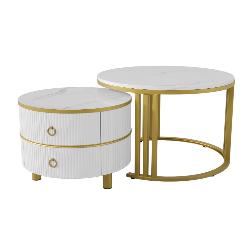 Tavolino da Caff¨¨ Rotondo MDF ¨C Xylo ¨C Bianco Marmo, Lucido, con Cassetti, Set 2 pezzi 70x70x46 + 50x50x40 cm