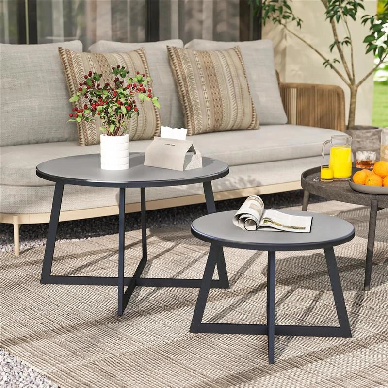 SET 2 TAVOLINI PER ESTERNI CON PIANO IN VETRO TEMPERATO Ø 70X45 CM E Ø 50X35 CM GRIGIO