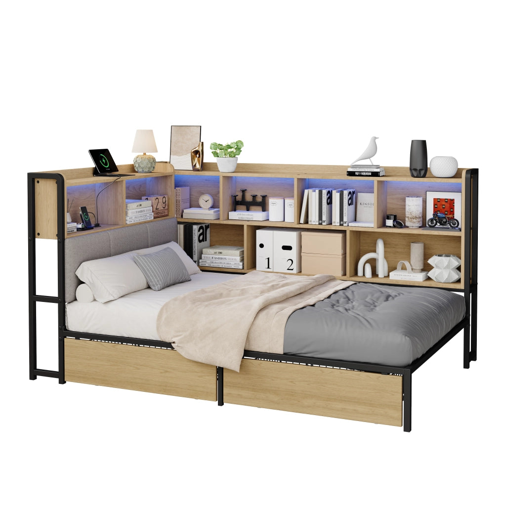 Letto Imbottito con LED, USB e Cassetti ¨C MINIMAL ¨C 90x200, Metallo, Naturale