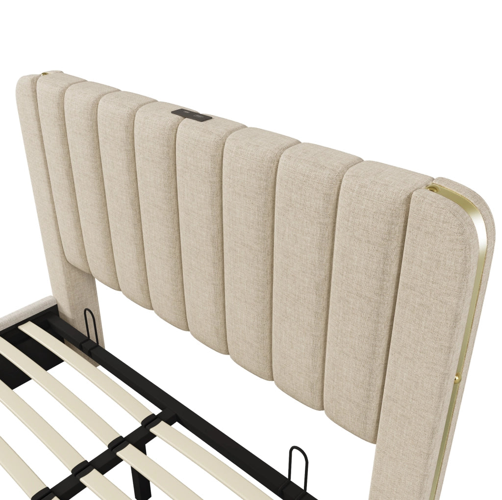 Letto matrimoniale contenitore 140x190 cm in lino beige con porte USB e Type-C
