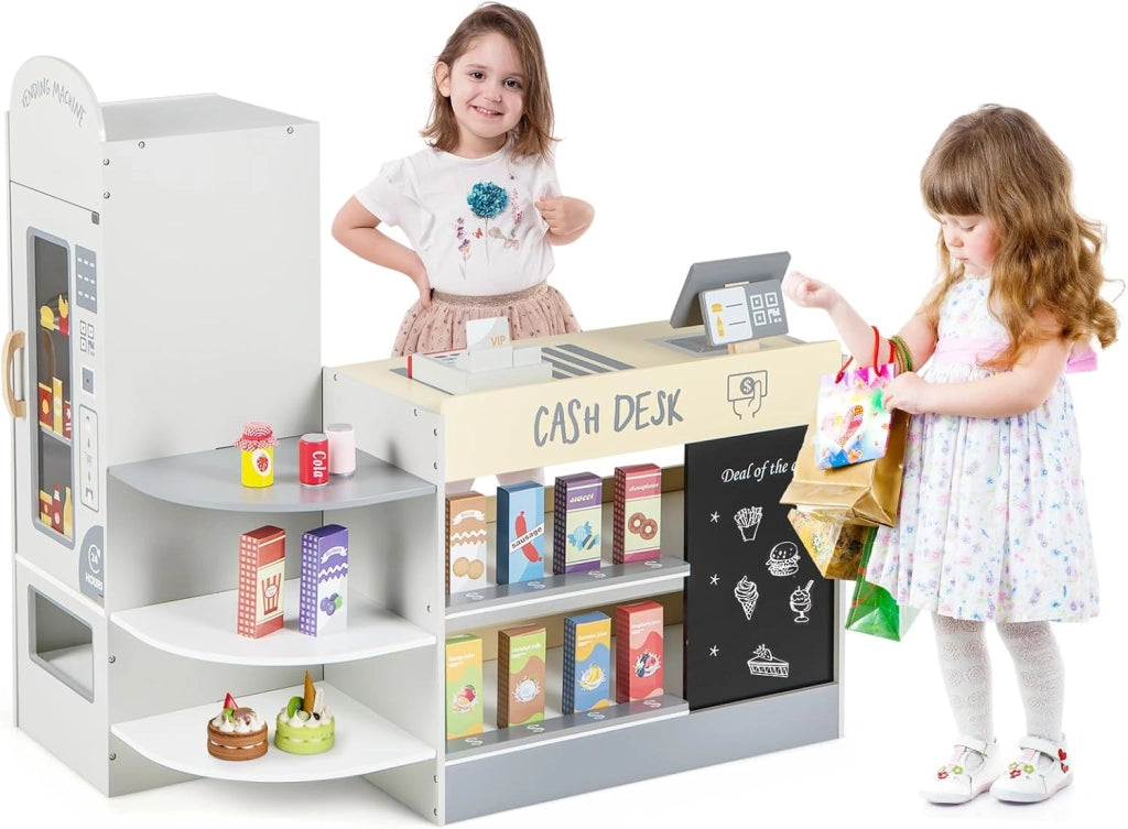 Negozio Alimentare per Bambini, Set di Giocattoli Supermercato in Legno con Cassa, Macchina POS, Distributore Automatico, Lavagna Scrivibile, per Bambini 3-8 Anni (Grigio)