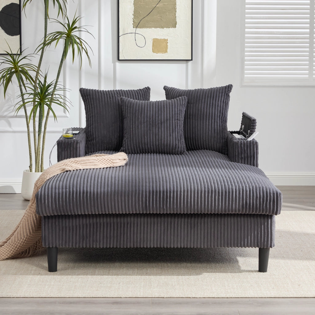 Chaise longue in velluto a coste con vano portaoggetti; porta USB; LED; portabicchieri; 3 cuscini; grigio scuro