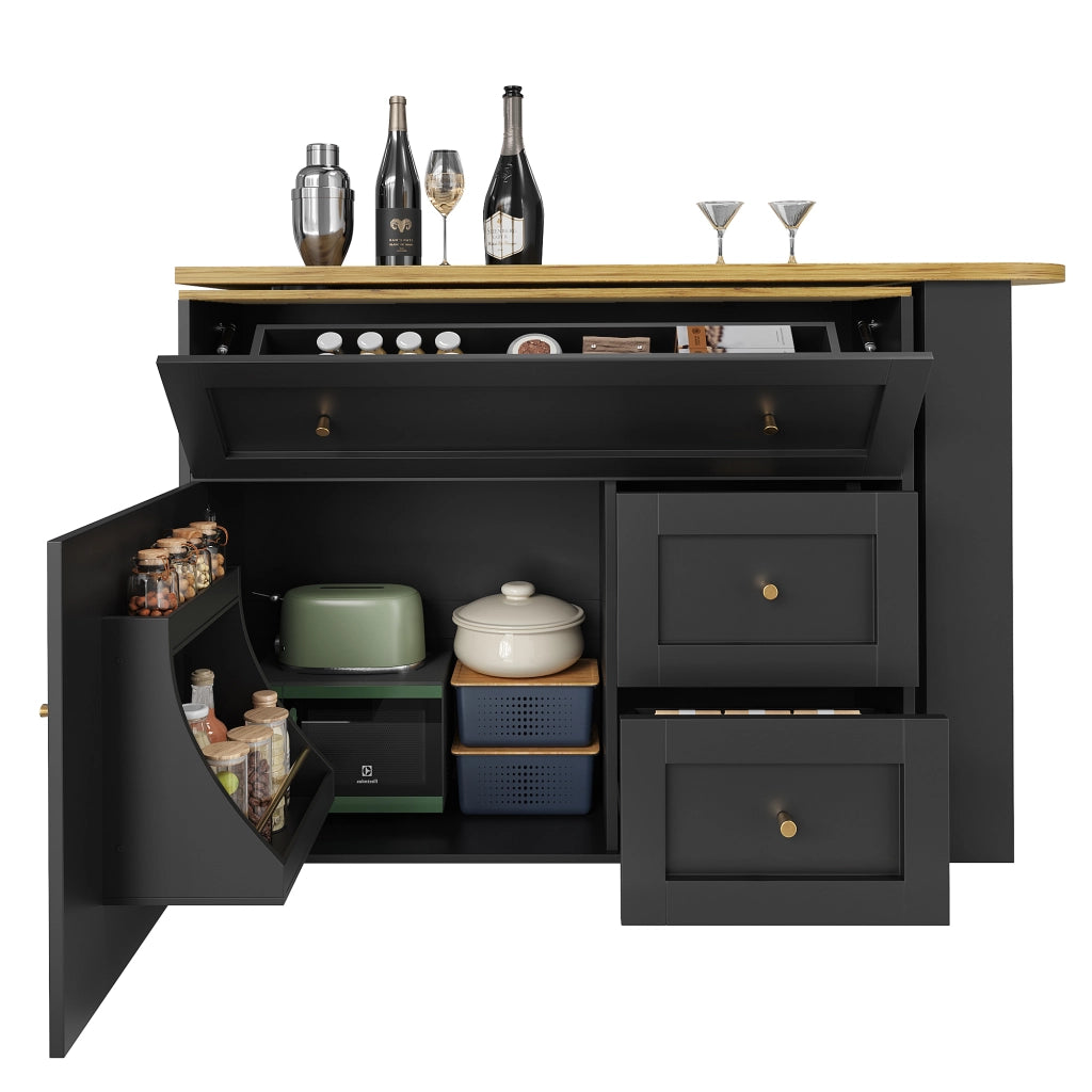 Tavolo da Pranzo Allungabile con Contenitore; 2 Cassetti a Ribalta e Piano Girevole; in MDF e Metallo; 138x39x105 cm; Nero