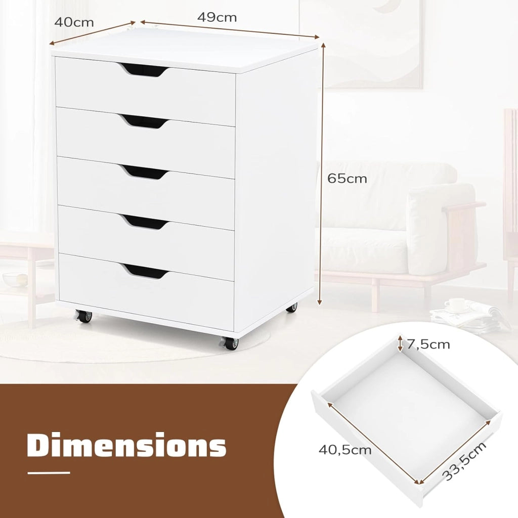 Cassetto da scrivania mobile con 5 cassetti da ufficio, mobile da ufficio, organizer con ruote, supporto per stampante per cartelle, documenti, documenti, carta, 48 x 39,5 x 69,5 cm (Bianco)
