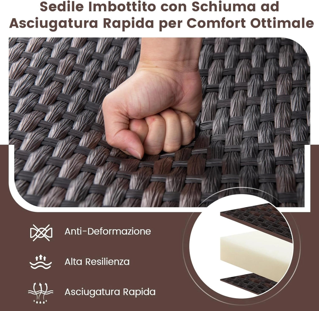 Set di 3 Pezzi Mobili in PE Rattan, Set di 2 Sedie a Dondolo con Tavolino da CaffÃ¨ in Vetro Temperato, Set di Sedie e Tavolino da Esterno per Giardino Cortile e Patio