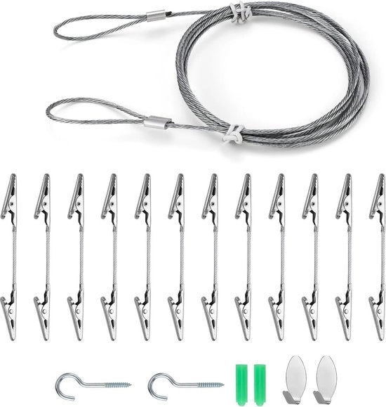 Clip per foto, cordino metallico 15 m, 12 pezzi, cavo di acciaio 18 mm, ganci e viti, kit per tenere in posizione foto, accessori decorativi, rinnovato