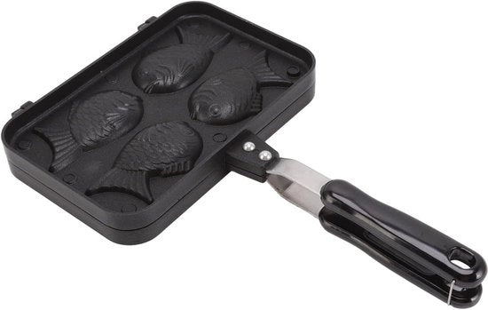 Panna per Taiyaki a forma di Tondo in Alluminio di Alta Qualità, 4 Trays, Non Stick, Cottura a Doppia Faccia con Manico Antiscivolo e Protezione contro Bruciature