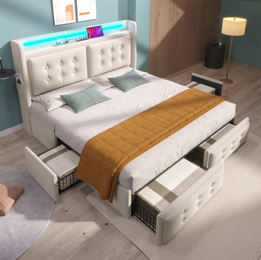 Letto matrimoniale imbottito 160x200 con LED, porte USB e 4 cassetti