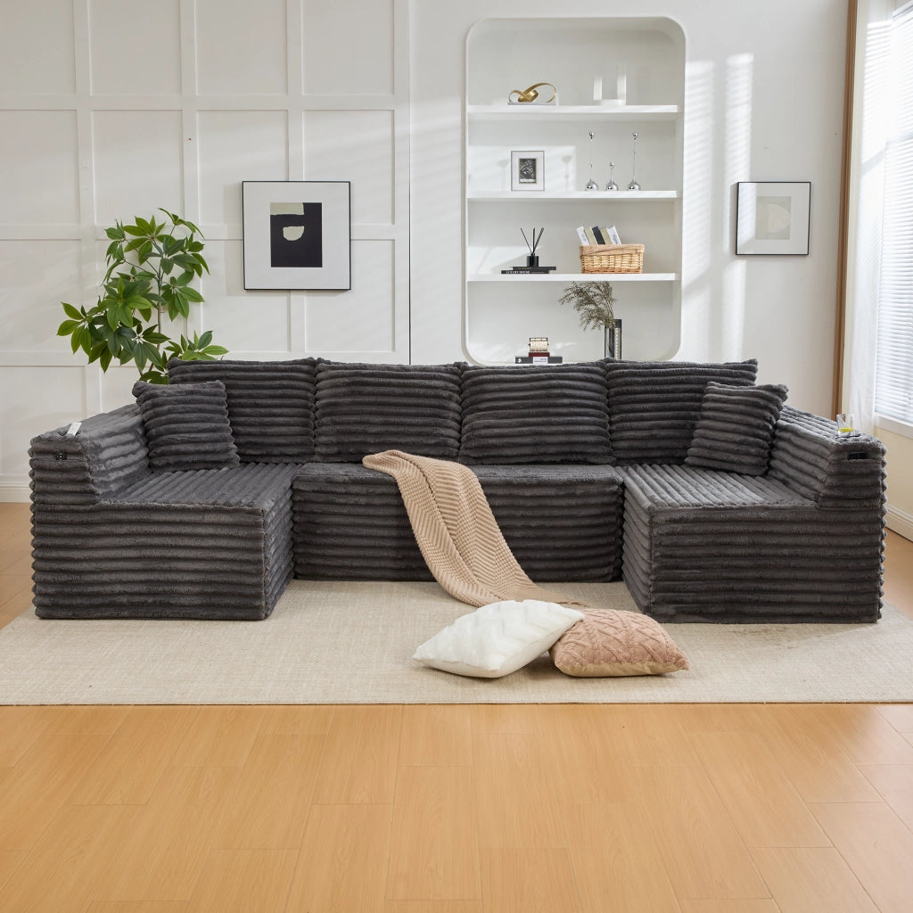 Divano modulare a U in corduroy con portabicchieri e tasca laterale cuscini grigio scuro 320 × 155 × 88 cm