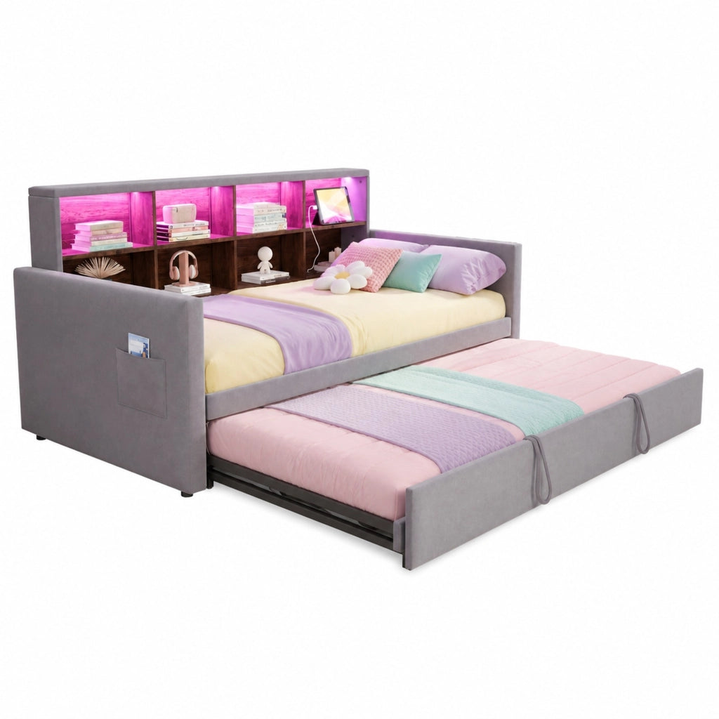 Letto imbottito 90x190 cm con letto estraibile, testiera con vani portaoggetti, LED e prese, velluto grigio scuro