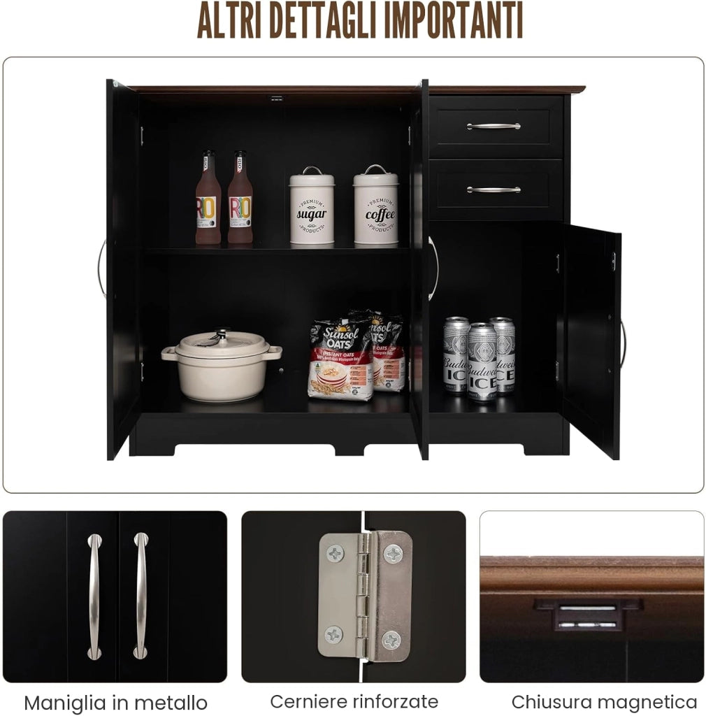 Credenza Cucina Multiuso e Moderno, Madia da Cucina con 2 Armadi, Ante e 2 Cassetti, Mobile Dimpensa Portaoggetti per Sala da Pranzo, Soggiorno, 100 x 40 x 78 cm (Nero)