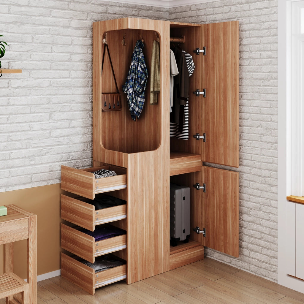 Armadio con 1 porta, 4 cassetti e vano appendiabiti aperto, per camera da letto, in legno, naturale 70 × 40 × 170 cm