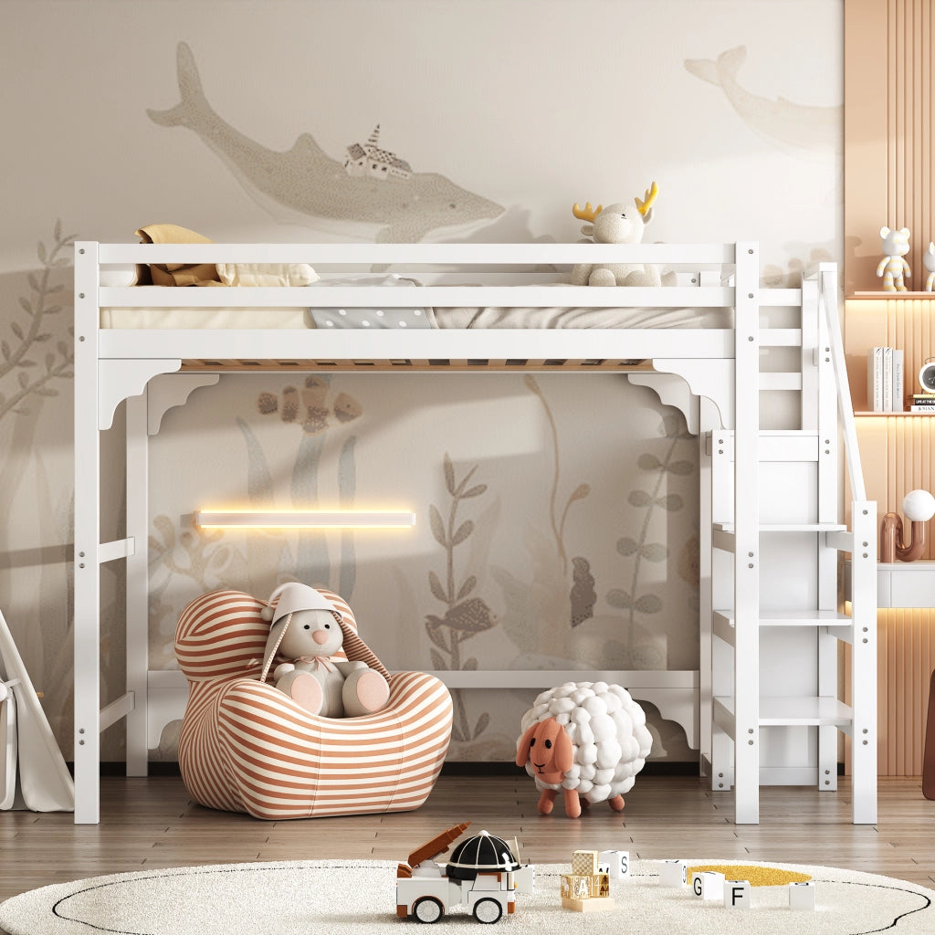OKWISH Letto a Soppalco 140×200 cm, Letto Matrimoniale con Scala Contenitore e Armadio, senza Materasso, in Pino, Bianco
