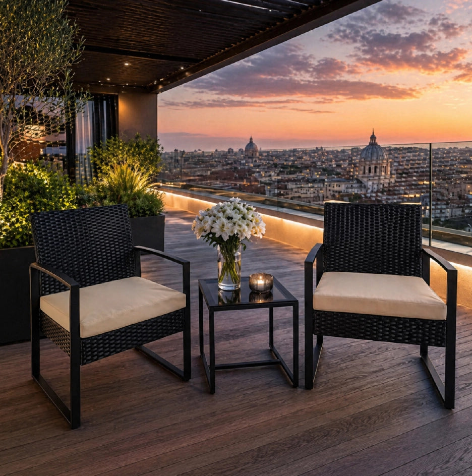Set Da Giardino 2 Poltroncine Con Tavolino Sedie Con Cuscini Beige Polyrattan E Metallo Design Moderno 57.5 x 63 x 76 Cm Nero