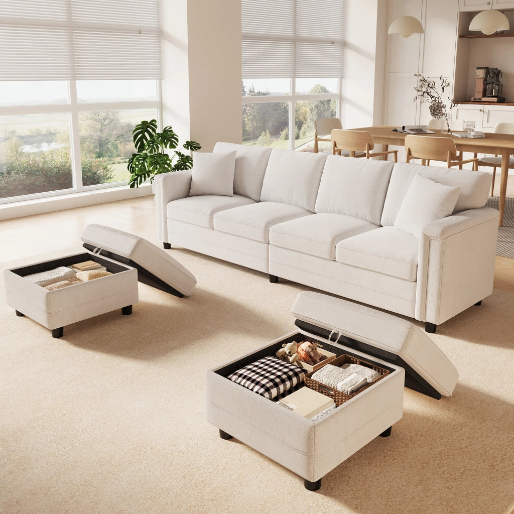 Divano modulare beige 261x134x82 cm con pouf contenitore; USB e Type-C
