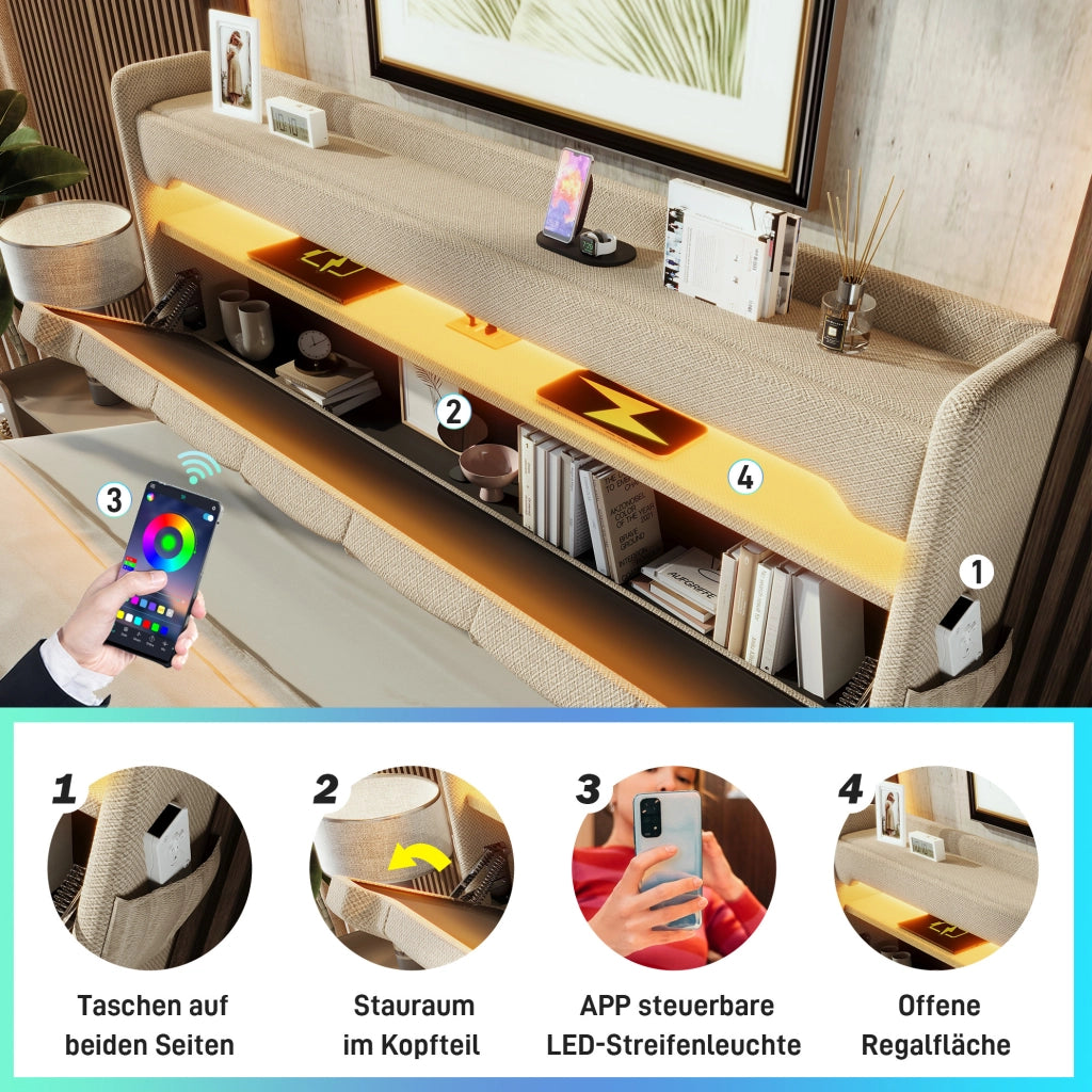 Letto imbottito con LED, testiera con porte USB e vano contenitore