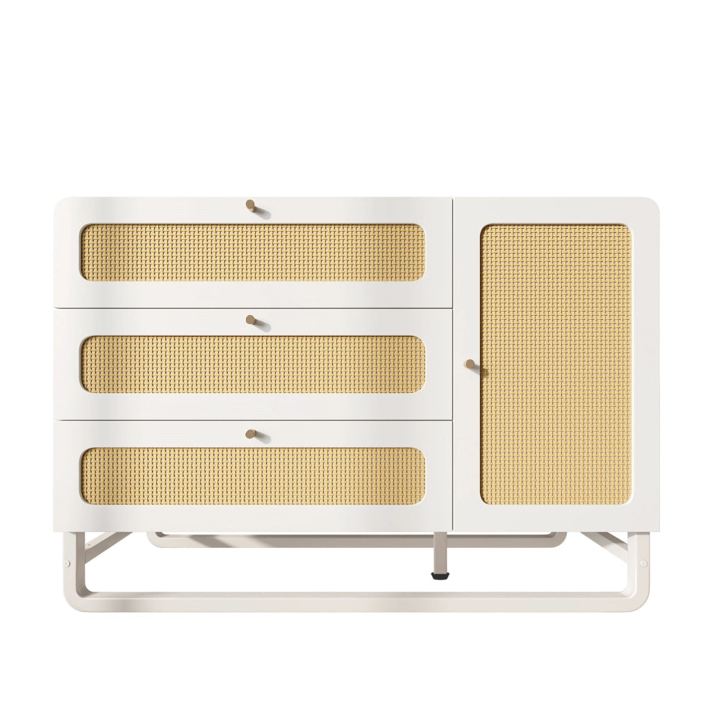 Credenza bianca 120 x 40 x 85 cm in MDF e metallo; 3 cassetti; anta e ripiani regolabili