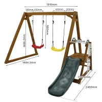 Altalena in legno doppia per bambini con scivolo e scala da arrampicata, 239x240x169 cm, colore naturale