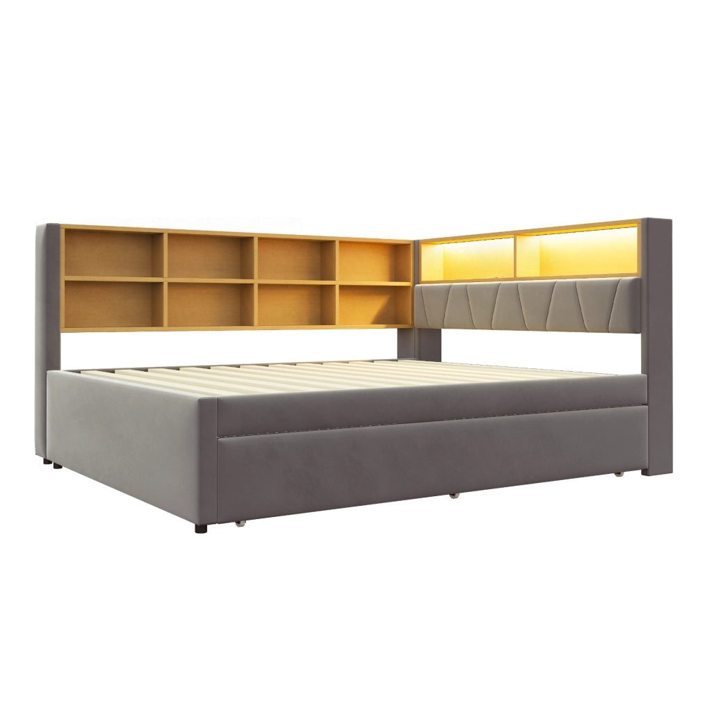 Divano letto multifunzione 140x200 cm con letto estraibile 90x190 cm; LED e porte di ricarica; grigio scuro