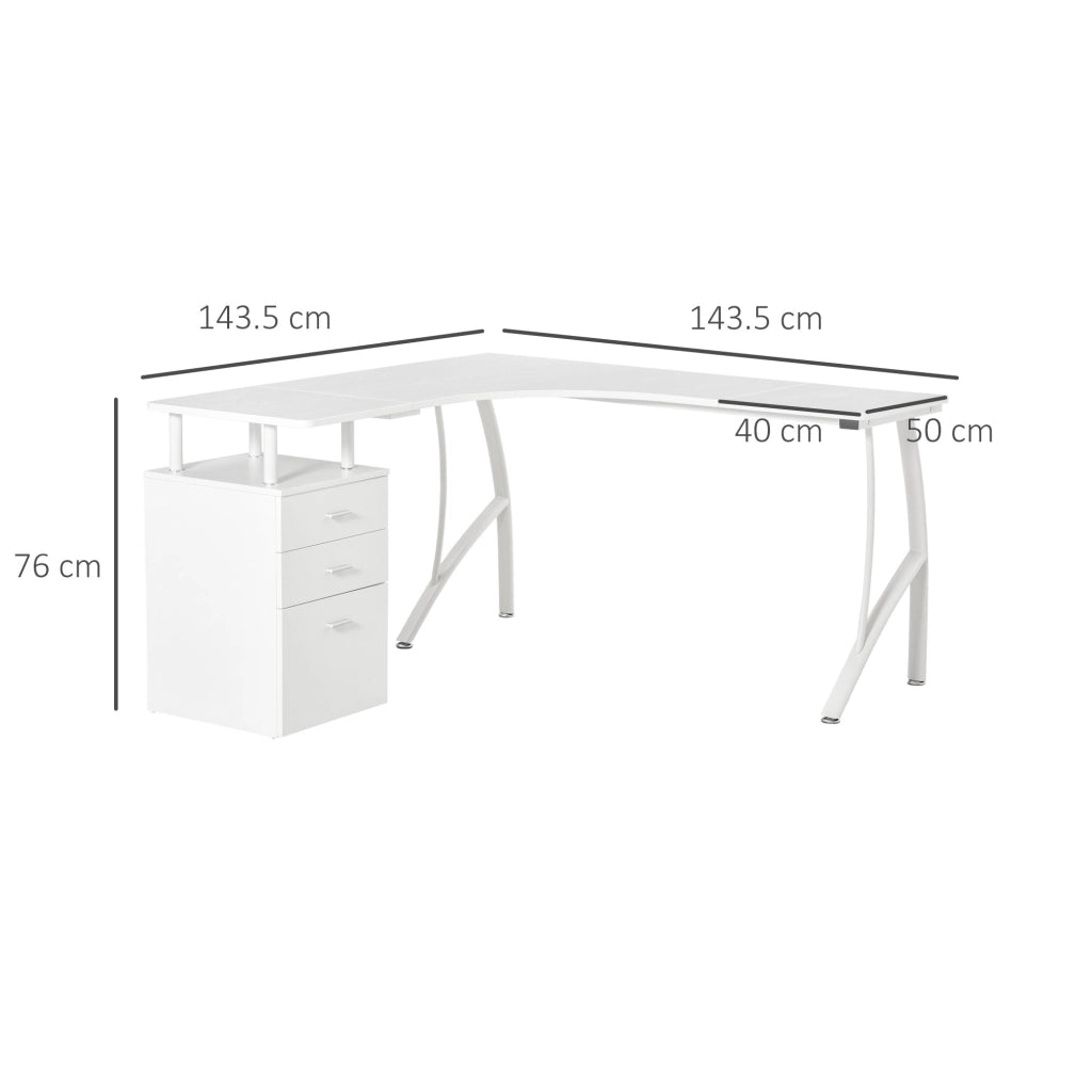 Easycomfort Scrivania Angolare con Cassettiera, Scrivania Ufficio Porta PC in Legno e Metallo, Bianco, 143.5x143.5x76cm