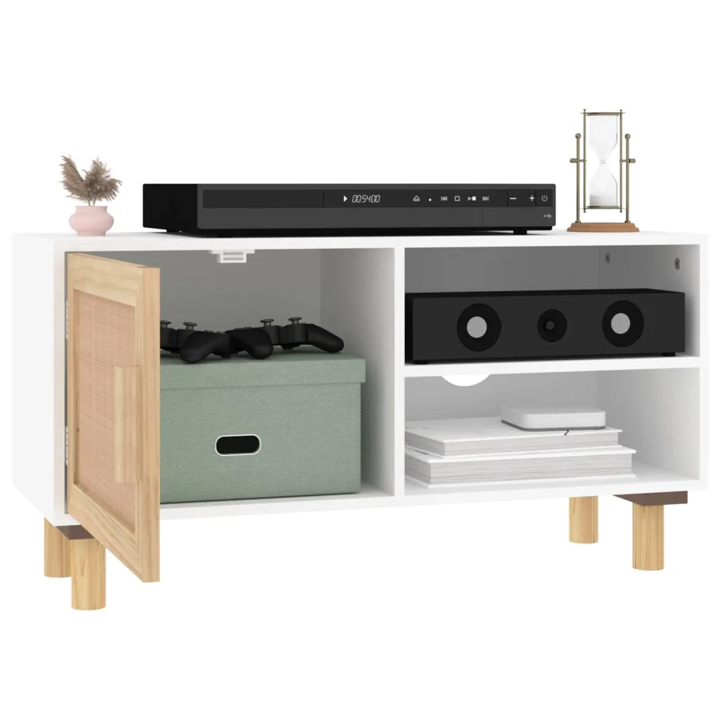 Mobile TV Bianco 80x30x40 cm Massello Pino e Rattan Naturale