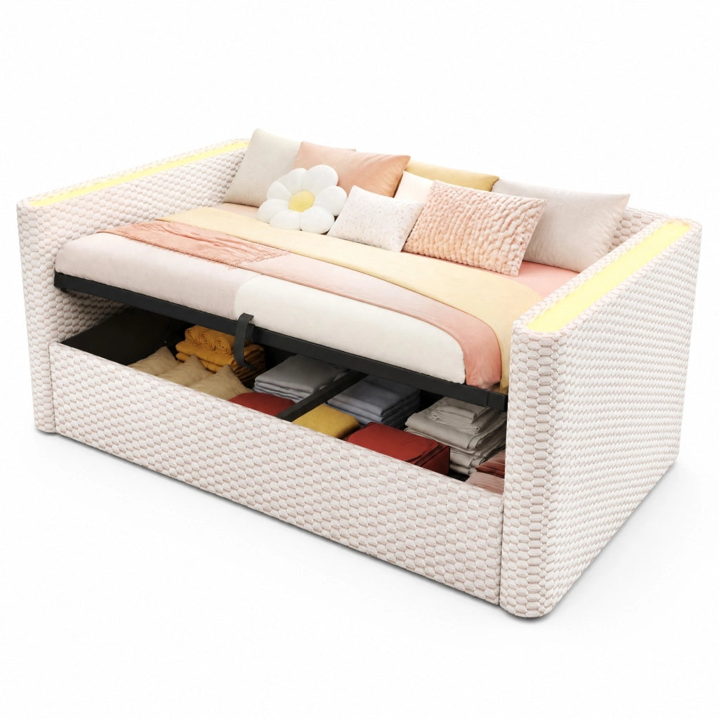 Divano letto con vano contenitore, LED e struttura in velluto