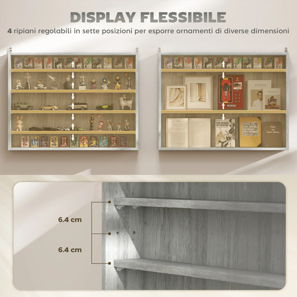 Vetrina Collezionismo 4 Ripiani ¨C Xylo ¨C Legno Grigio Ante Vetro 80x9.5x60cm