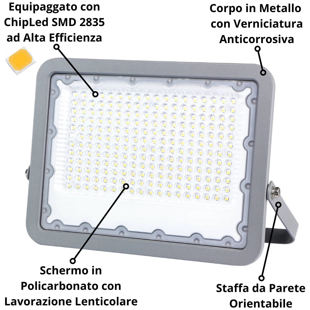 Proiettore led 150 watt slim metallo grigio ip65 equivalente 777 watt *** temperatura colore lampada 4500k bianco nat...