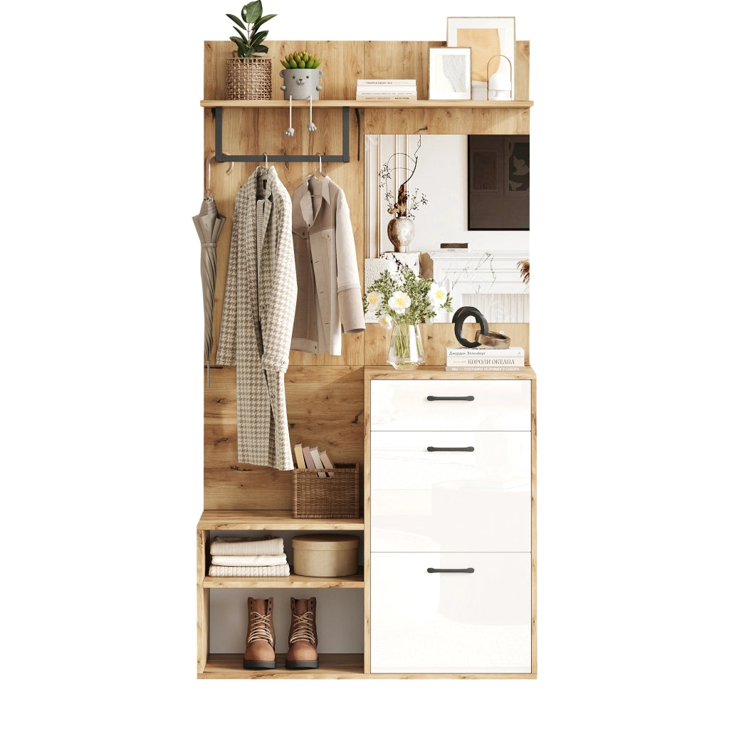 Mobile ingresso con specchio e panca portascarpe 100x38;5x190 cm bianco e legno naturale