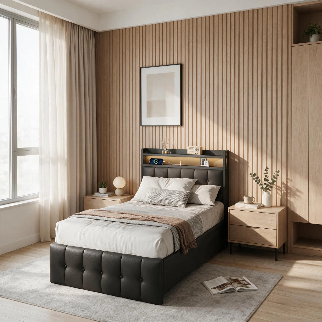 Letto singolo 90x200 cm con contenitore LED USB testiera struttura letto MDF e PU - nero