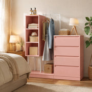 Scarpiera rosa e bianca con 4 cassetti, ripiani aperti e appendiabiti, 100x40x135 cm