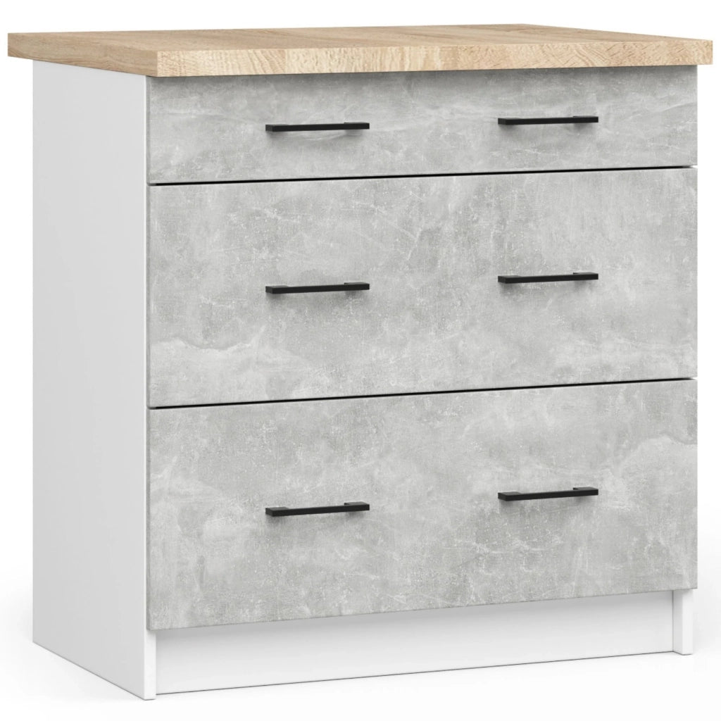 Mobile cucina modulare con piano di lavoro AKORD OLIWIA Bianco 80 cm 3 cassetti inserto frontale Cemento 80x46x85 cm