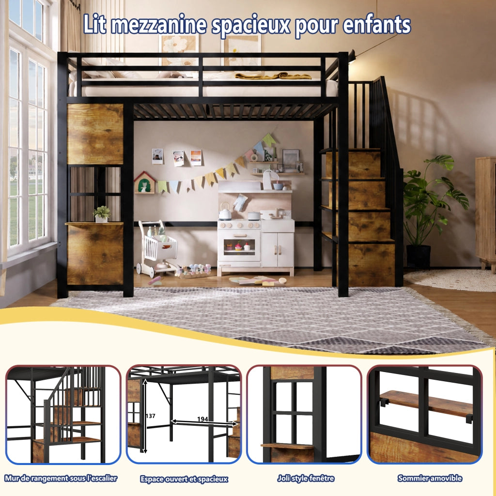 Letto a soppalco 90x200 cm con scala contenitore; finestra; spazio libero sottostante e parapetto; metallo nero