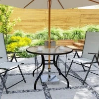 Tavolino da Giardino Rotondo con Foro per Ombrellone, in Metallo e Vetro Temperato, Ø96.5x71 cm, Nero