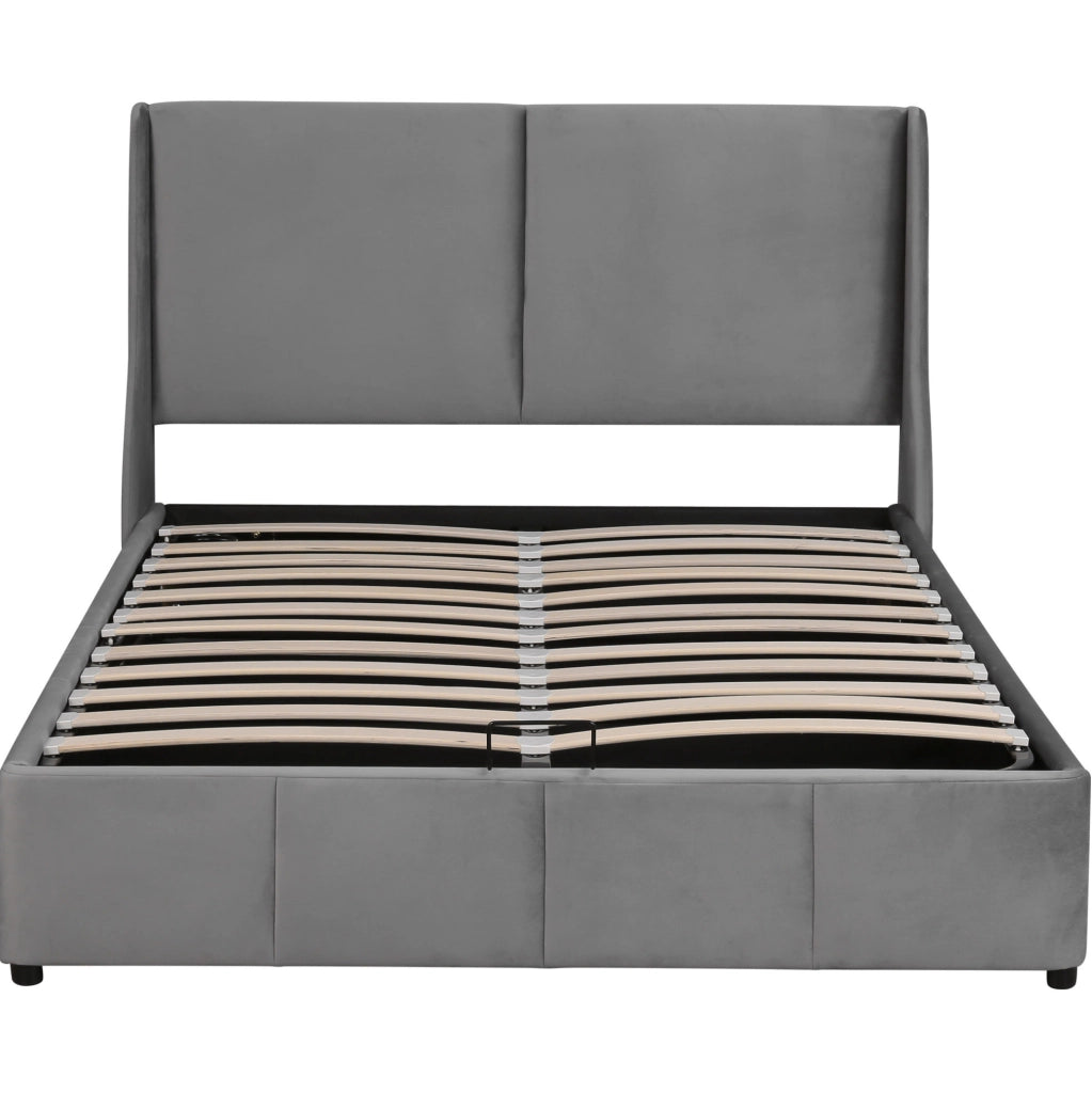 Letto imbottito matrimoniale con testiera a orecchie, contenitore idraulico, 140x190 cm, grigio
